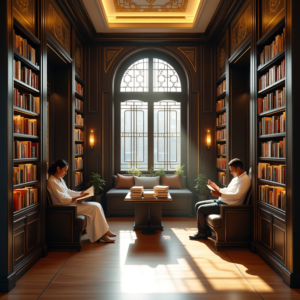 An elegant independent bookshop interior with Art Deco elements