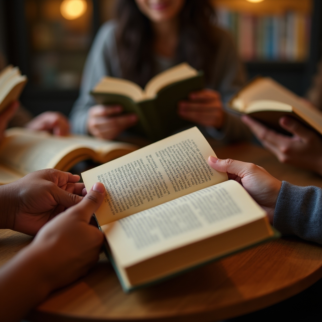 A close-up of diverse hands holding open books during a community reading circle