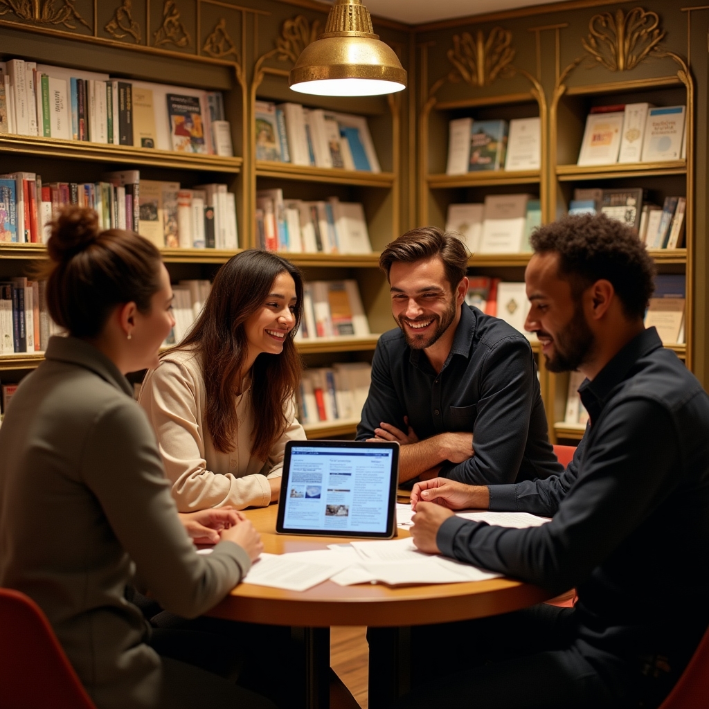 Independent bookshop owners collaborating in an Art Deco inspired space